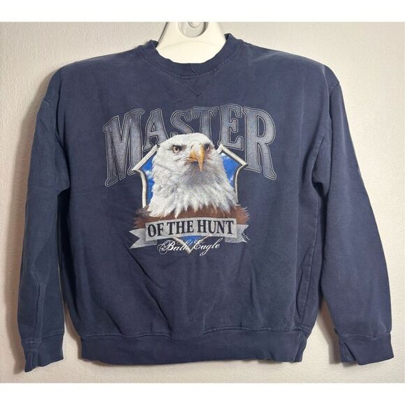 Vintage 90s Master On The Hunt Bald Eagle Nature Outdoors Navy Crewneck Mens L - Picture 3 of 9